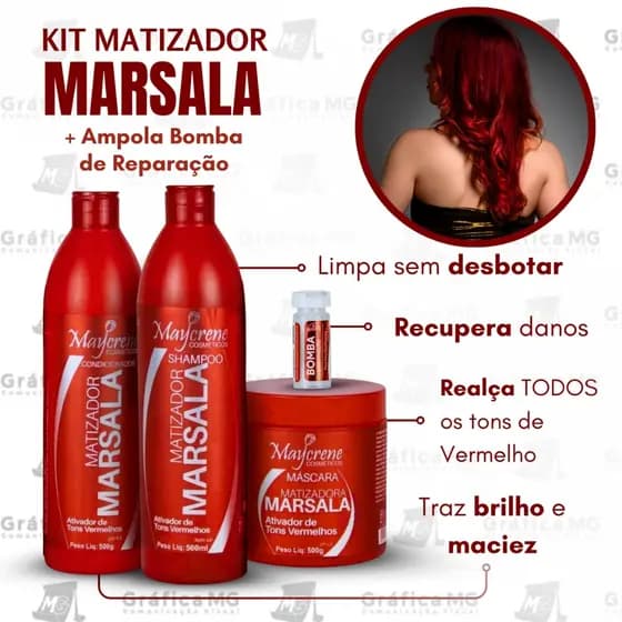 Kit Matizador Marsala REALCE DE CABELOS VERMELHOS 3x500ml Maycrene + Ampola Bomba de Reparação 2,8ml