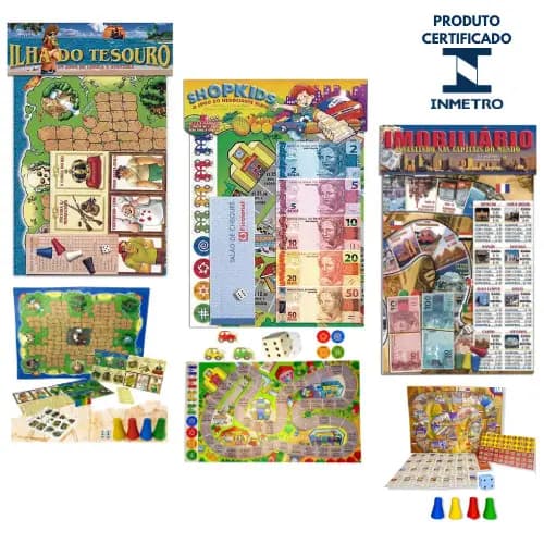 Kit 3 Jogo De Tabuleiro Banco Imobiliário + Ilha Do Tesouro + Shopkids - Brinquedo
