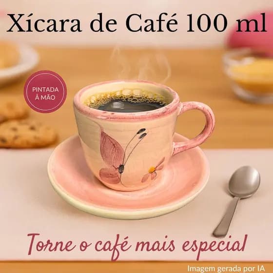 Xícara de Café com pires louça cerâmica pintada a mão 100ml