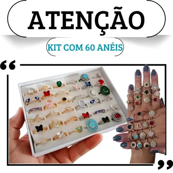 Kit com 40 / 50 / 60 Anéis Variados Banhados a Ouro 18K ou Prata 925 – Escolha Sua Preferência! ✨💍