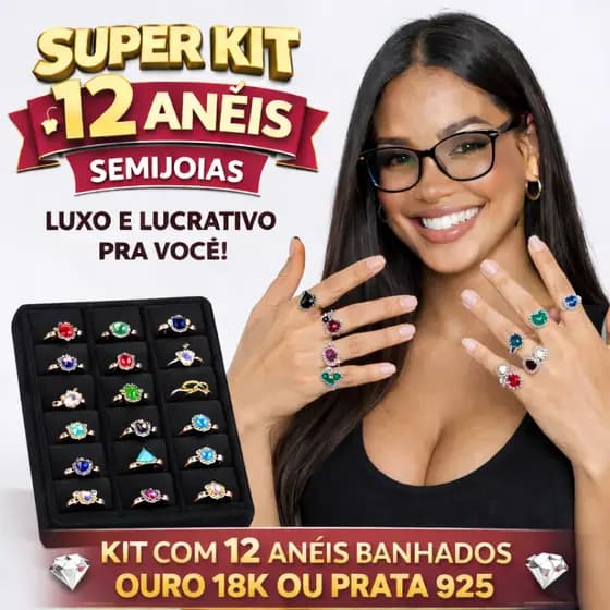 Kit com 12 Anéis Femininos Premium Banhados a Ouro 18K / Prata 925 – Revenda ou Presente + Garantia