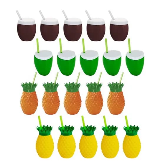 20 Copos Abacaxi Laranja E Amarelo E Coco Marrom E Verde Tropical Para Festa E Decoração
