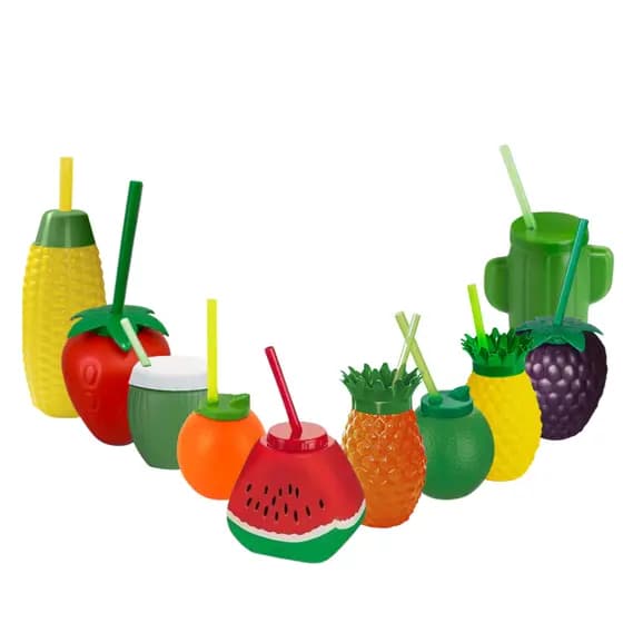 Copos Frutas Sortidas Plástico Com Canudo Festa Tropical Temática