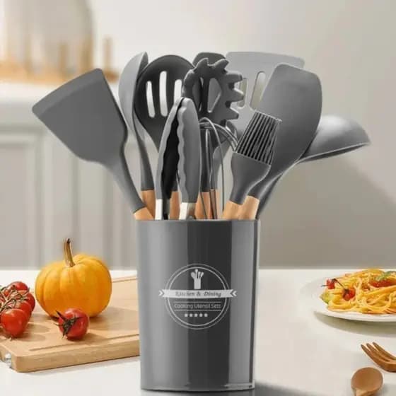 Kit Utensílios Cozinha Silicone 12 Peças com Suporte Cabo Madeira Antiaderente