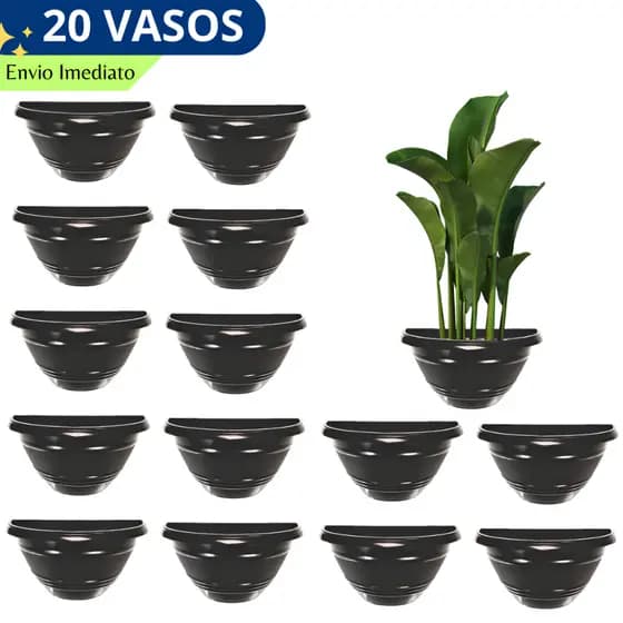 Kit 20 Vaso de Parede Meia Lua Preto de Plastico Flores e Plantas Resistente