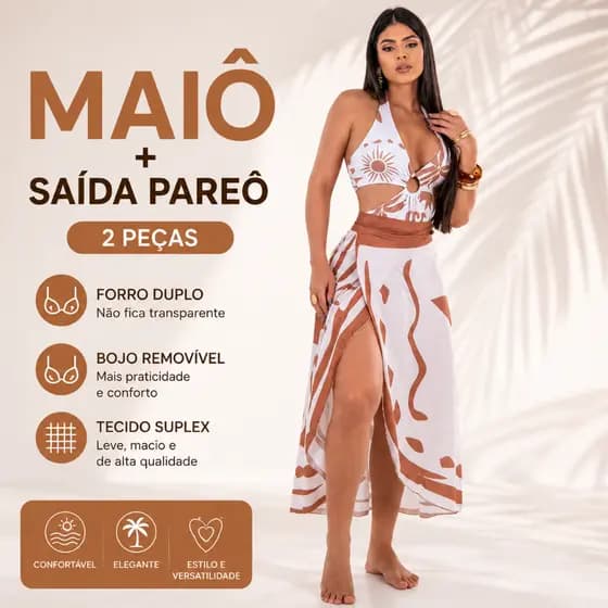 Maiô Feminino com Saída Pareô Suplex Forro Duplo Bojo Removível Praia Piscina
