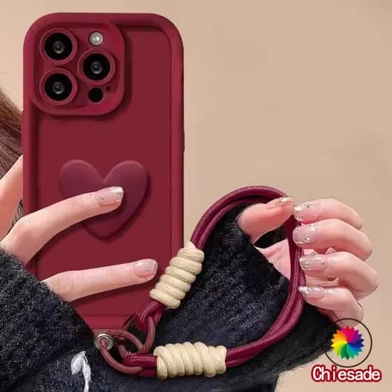 3D Amor Coração Fosco Macio Cordão Corda Caso Para iPhone Air 17 16 15 14 13 12 11 Pro Max Capa À Prova De Choque