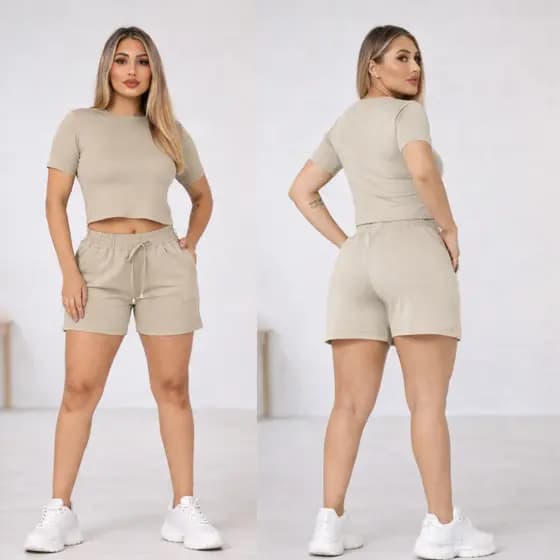 Conjunto Feminino Moletinho Cropped + Short Cintura Alta Look Casual Verão Blogueira