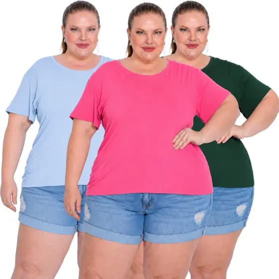 T-Shirt Feminina Plus Size G1 a G3 Viscolycra Gola Redonda Camiseta Básica Modelagem Soltinha