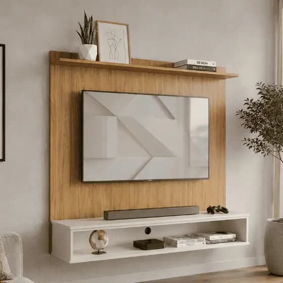 Painel Siena Premium TV 50” Compacto Moderno Para Sala - Naturale com Off White