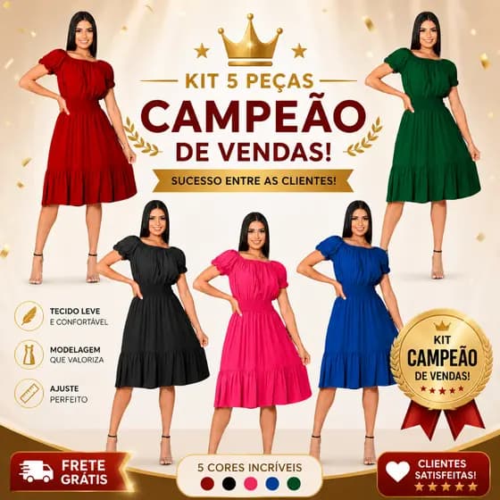 kit com 5 vestidos femininos moda evangelica, manga princesa com lastex confortável e ajustavel
