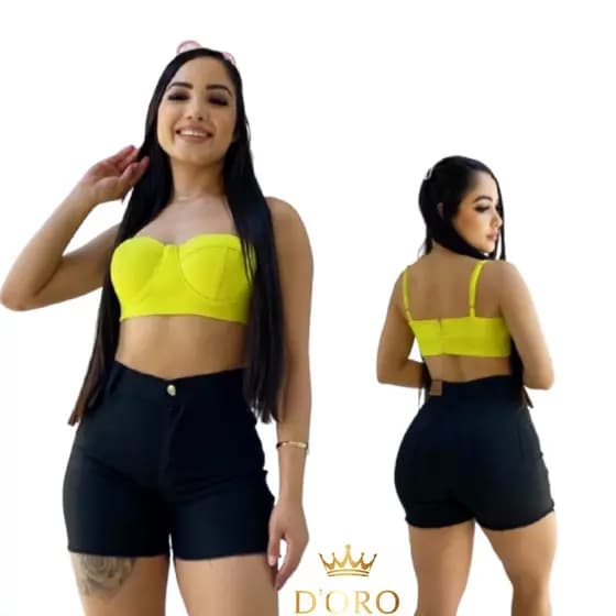 Bermuda Jeans Feminina Preta Cintura Alta com Botão e Zíper Moda Casual