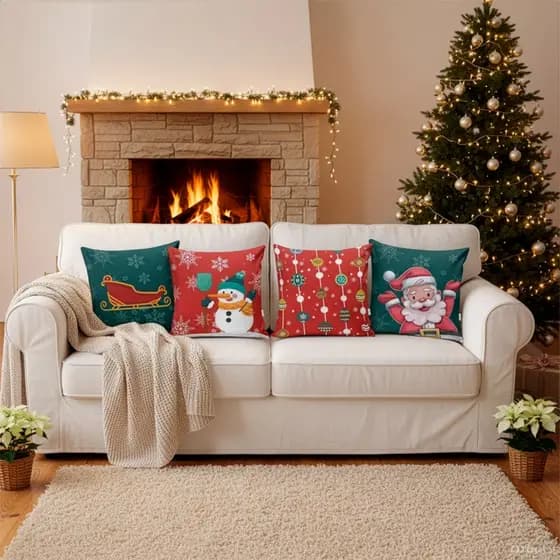 Kit 4 Capas de Almofada Decorativas Estampadas - Natal Papai Noel