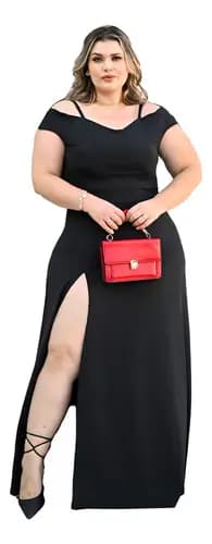 Vestido Longo Crepe Alcinha Plus Size Fendas Laterais Feminino GG ao G4