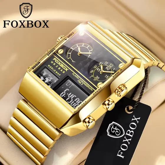 FOXBOX Novo Relógio Quadrado Criativo Masculino Marca Superior De Luxo Digital Moda Dupla Display Relógios Para Homem