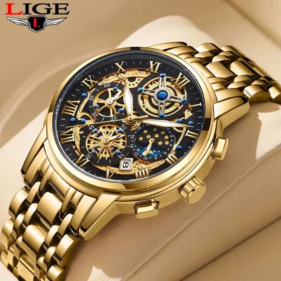 LIGE Relógio Masculino Marca Original Ouro Aço Inoxidável Impermeável Esportivo Quartzo + caixa de relógio