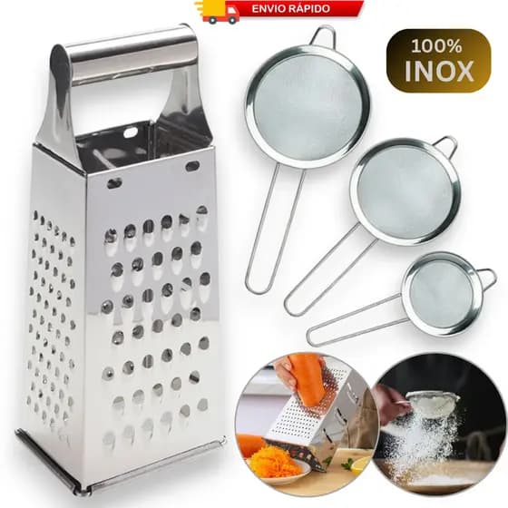 Kit Ralador Peneiras 100% Inox Coador Fatiador 4 Faces Alimentos Utensilios Cozinha