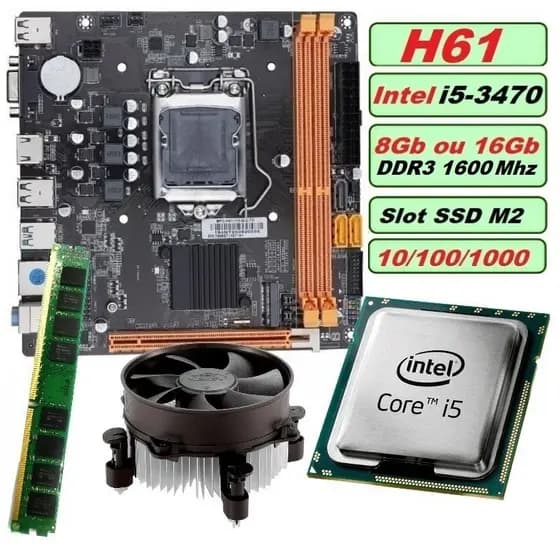 Kit UPGrade i5-3470 Memória 8GB ou 16GB DDR3 Placa Mãe H61 Slot SSD M2 gamer lga 1155 atx