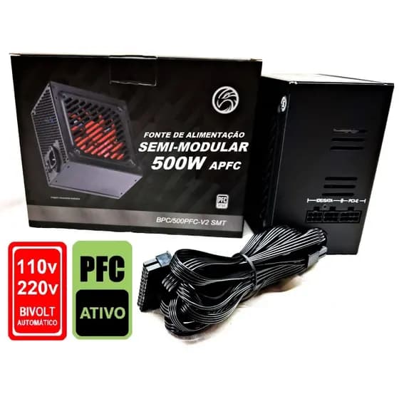 Fonte 500w Real PFC Ativo BIVOLT AUTOMÁTICO Pci-e 8 Pinos 6+2 Pl Vídeo semi modular Silenciosa