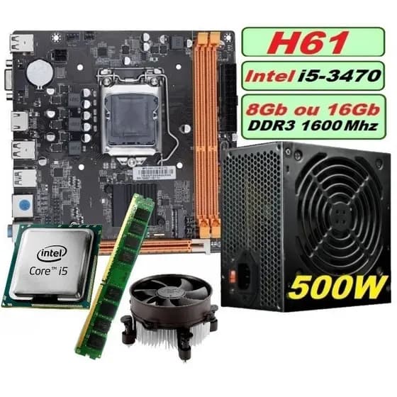 Kit UPGrade Fonte 500W i5-3470 Memória 8GB ou 16GB DDR3 Placa Mãe H61 Slot SSD M2 1155