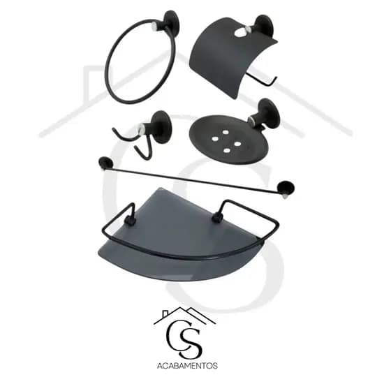Kit Acessórios Para Banheiro 5 Peças Aço Inox + Porta Shampoo Suporte Vidro Canto Preto Fume Box