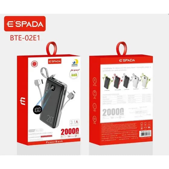 Carregador Portátil Power Bank 20.000 Mah Com 3 Cabos Saida Universal E'SPADA BTE-02E1