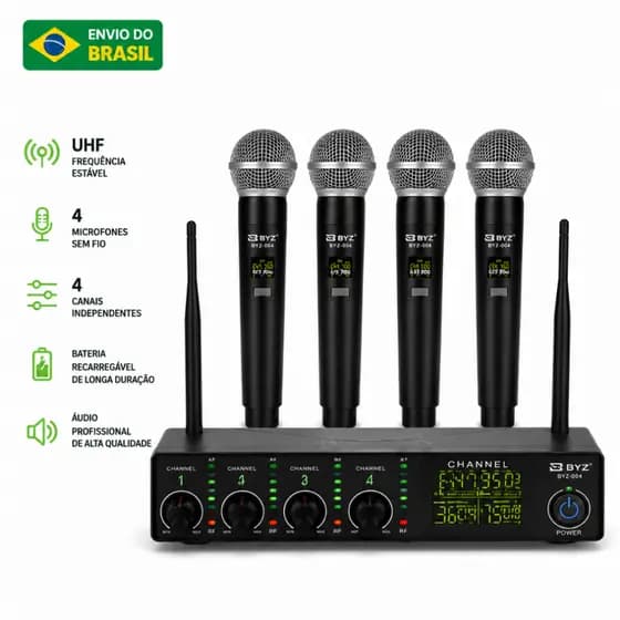 Kit 4 Microfones Sem Fio Vhf Com 4 Canais Hi Fi Series Pilhas Recarregal Byz D-mb-69
