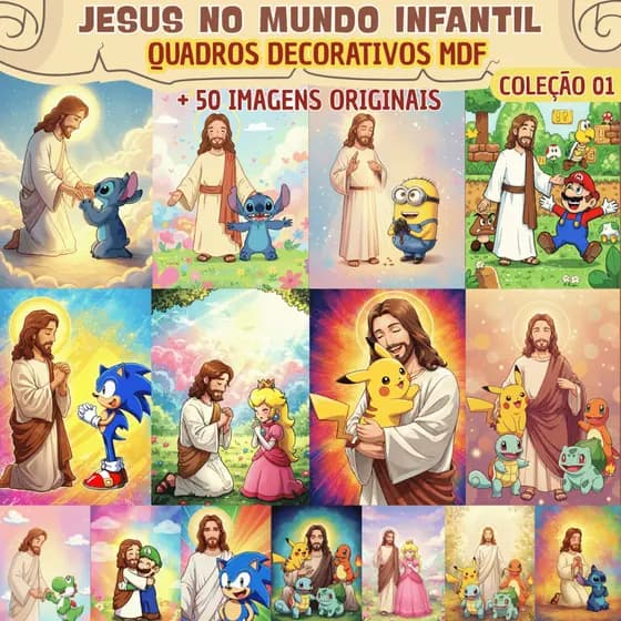 Placa Quadro Decorativo JESUS NO MUNDO INFANTIL Stitch Sonic Mario Pokemon Minions - MDF 3mm (Bíblia Infantil, Quarto)