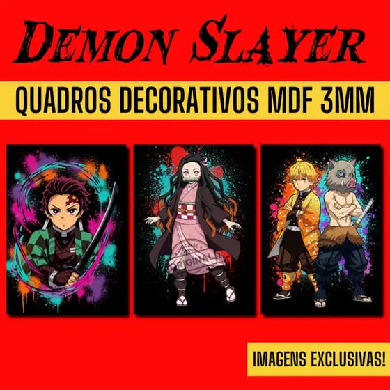 Kit 3 Quadros Decorativos DEMON SLAYER - MDF 3mm (Anime, Kimetsu no Yaiba, Placa Decorativa, Desenho Japonês)