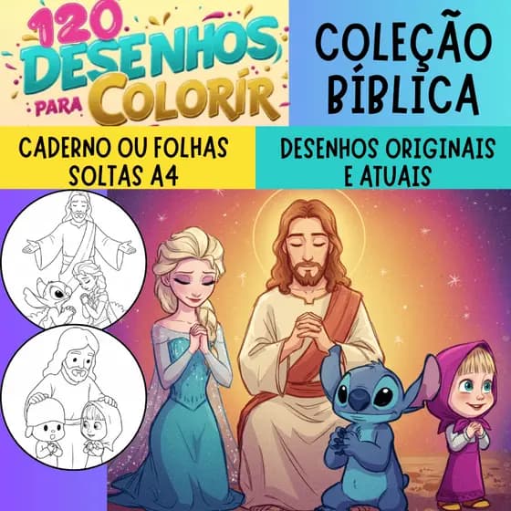 Livro de colorir Cristão Jesus Bíblico - 120 Desenhos (2 por folha) - Jesus, Bíblia infantil, Livro colorir Devocional