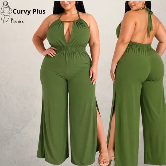 Macacão Longo Feminino Plus Size com Fenda Lateral Elegante Festa Luxo