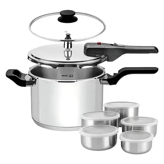 Panela de Pressão 2 em 1 Tramontina Brava 4,5L Inox Fundo Triplo Indução Jogo de Potes Inox 5 Peças