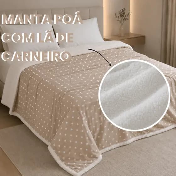 Manta Cobertor Com Sherpa 2,0x2,20m Lã Carneiro Estampado Poá Bolinhas Microfibra Antialérgico
