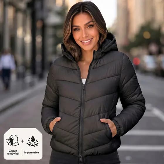Jaqueta Feminina Impermeável Com Bolso Zíper Reforçado Corta Vento Capuz Removível Nylon P ao G2