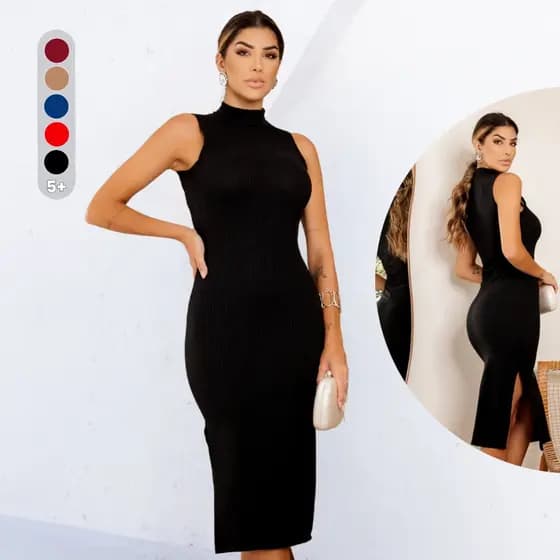 Vestido Midi Feminino Casual Regata Gola Alta Modelador Canelado M ao GG