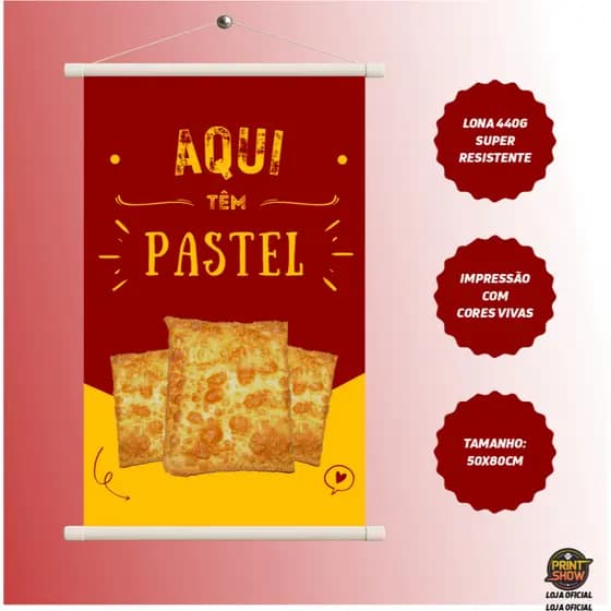 BANNER AQUI TÊM PASTEL COM BASTÃO PARA PENDURAR FAIXA LONA PVC LANCHONETE BAR PADARIA BOTECO