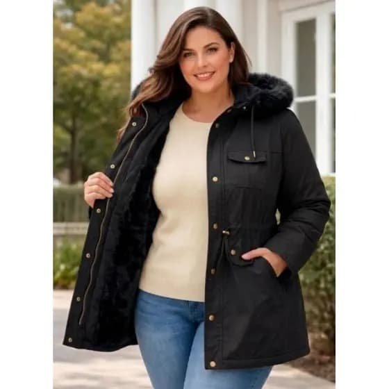 Jaqueta Parka Sobretudo Forrada Pelucia Plus Size Bolsinho