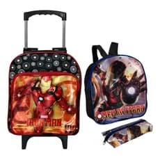 KIT Mochila Creche Dois Bolsos Homem de Ferro para Meninos com lancheira e Estojo