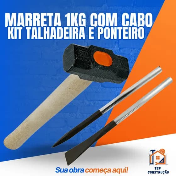 Marreta 1kg Com Cabo + Kit Talhadeira e Ponteiro Kit Obra Ferramentas De Construção