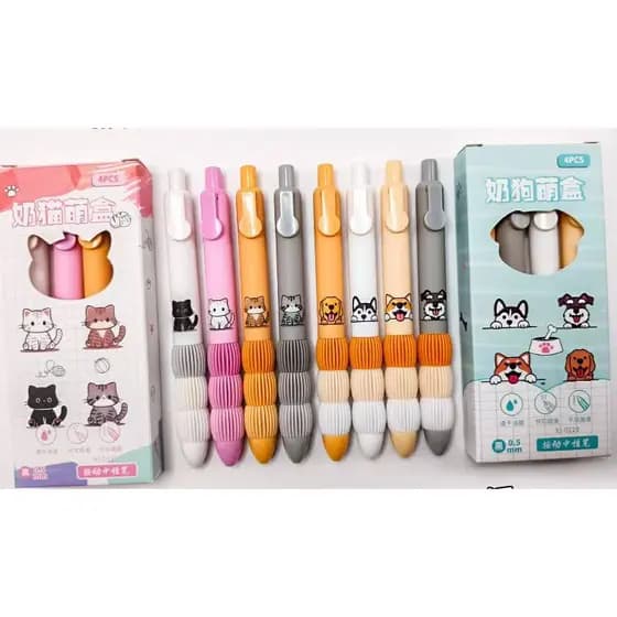 Kit 4 Canetas Gel Retrátil Soft Grip Gatinho e Cachorrinho Papelaria Fofa Escolar Escritório