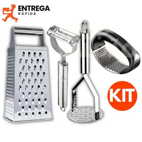 Kit 4 Peças Aço Inox: Descascador, Amassador de Batata, Espremedor de Alho e Ralador 4 Faces Cozinha