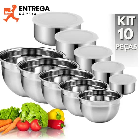 Kit 10 Peças Inox: 5 Bowls Empilháveis + 5 Tigelas com Tampa Hermética – Cozinha Premium