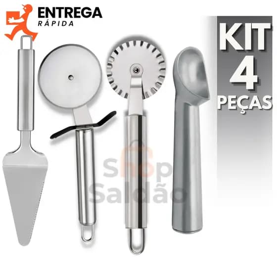 Jogo 4 Utensílios Para Cozinha Inox Cortador de Pizza E Pastel Espatula para Bolo Colher De Sorvete