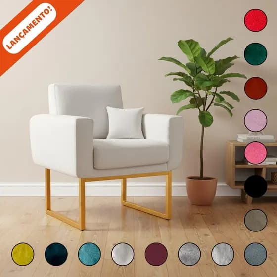Poltrona Decorativa Para Sala Annita Base de Ferro Dourada Com e Sem Almofada Suede Aninha Decor