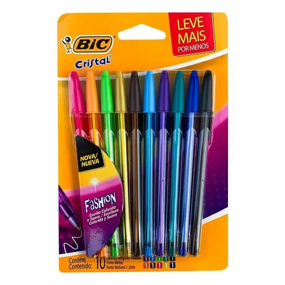 Kit Caneta Bic Cristal Esferográfica Fashion 10 Cores Ponta 1.2mm