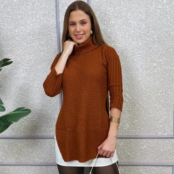 Poncho Feminino Tricô Gola Alta Casaco Cacharrel Lã Frio Inverno