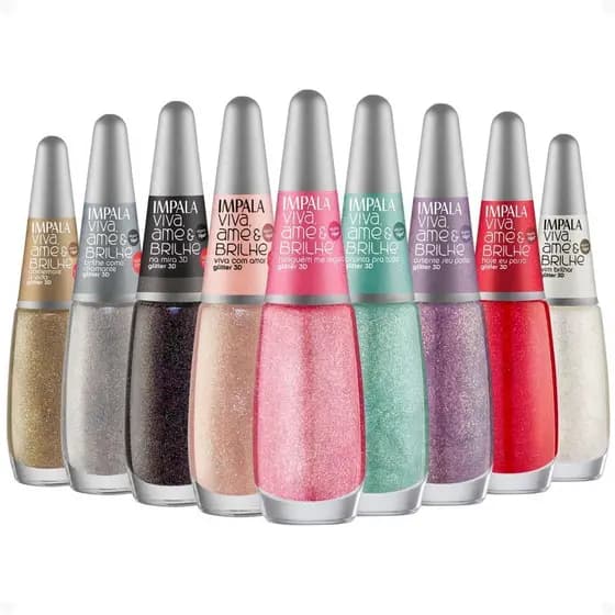 Kit Esmalte Glitter 3D Impala Viva, Ame e Brilhe Com 9 7,5ml