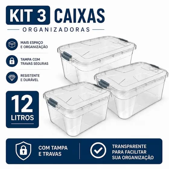 Kit 3 Caixa Organizadora 12 Litros Transparente Com Travas e Tampa - Uninjet