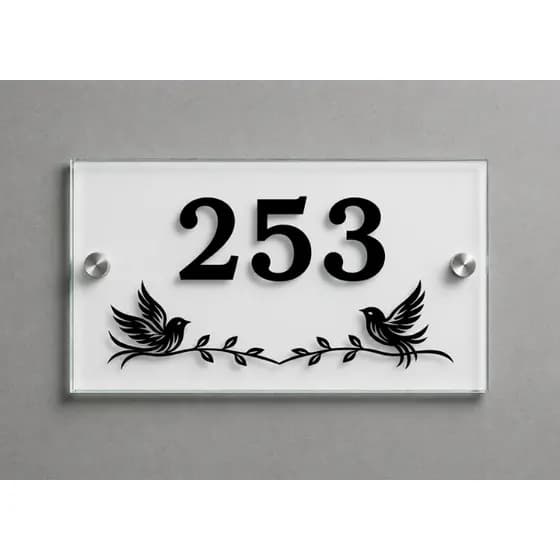 Placa Numero Residencial em Vidro 8mm 30 cm comprmento x 20 cm altura com Pássaros Decorativos