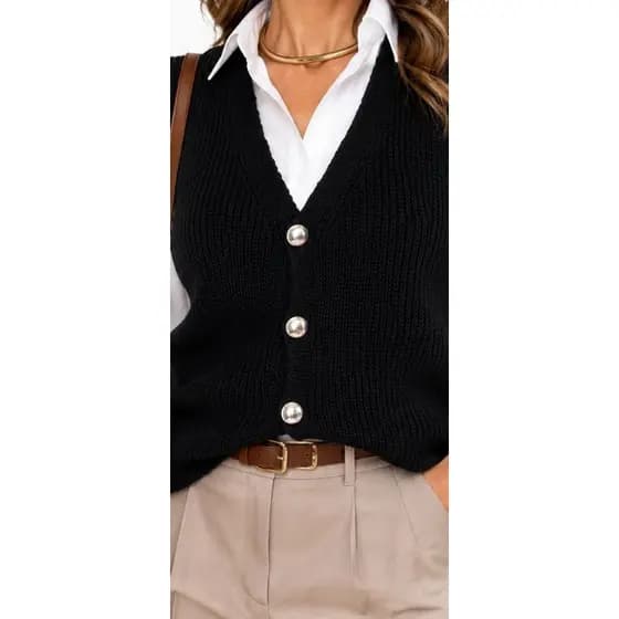 Colete Tricot Botões Colete Feminino Tricot Premium com Botões Decote V Elegante Casual Moda Inverno